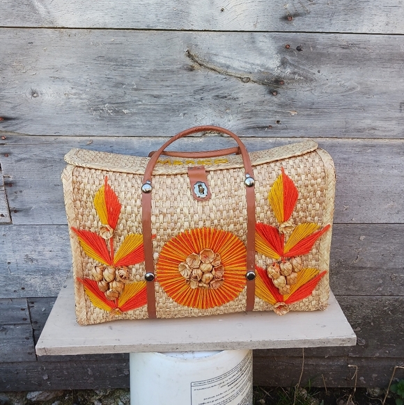 Handbags - Acapulco Mexico Vintage Woven Rattan Large Beach Bag Tote 3D Flowers Orange/Red